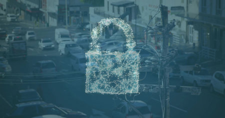 Showing digital padlock hologram hovering over city intersection, with cars, power lines, buildings....