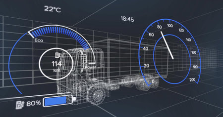 Displaying wireframe truck chassis in grid space with eco gauge, battery icon, speedometer overlays....