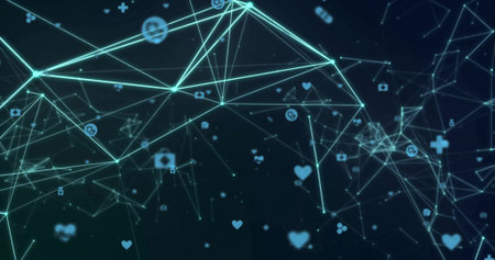 Forming glowing turquoise network map in virtual digital space, with medical and social icons. Futuristic, technology, innovation, digital, connectivity, cybersecurity, healthcareの写真素材