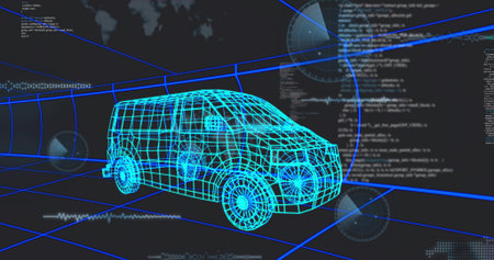 Rendering wireframe van rotating inside grid tunnel, showing code overlays and world map silhouette. Futuristic, technology, simulation, digital, virtual, cybersecurity, innovationの写真素材