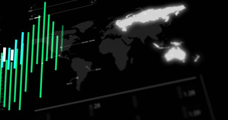 Displaying world map in digital dashboard, showing vertical bar chart with gridlines and UI lines. Data, analytics, technology, finance, monitoring, visualization, monitorの写真素材