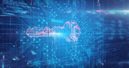 Displaying holographic key icon glowing against blue network interface, circuit traces, data nodes. Futuristic, cybersecurity, encryption, digital, technology, innovation, networkの写真素材