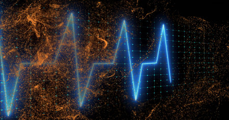 Pulsing blue electrocardiogram waveform hovering over 3D grid, with golden-orange particle clusters....