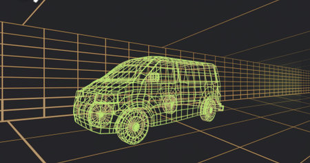 Displaying neon green wireframe passenger van model floating within orange grid-lined 3D workspace....