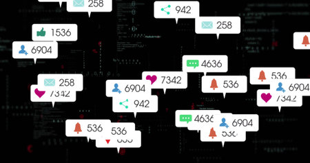 Displaying floating social media notification pop-up boxes on dashboard, with code matrix backdrop. Futuristic, technology, digital, interface, cyber, data, communicationの写真素材