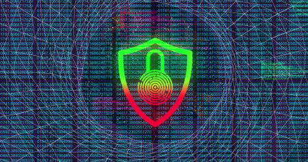 Displaying shield icon with padlock above fingerprint rings in network, code grid and circuit lines....