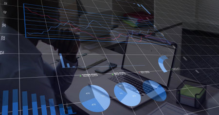 Leaning man wearing dress shirt with chin on hands analyzing holographic data in office, copy space. Professional, analytics, futuristic, technology, business, strategy, data-drivenの写真素材