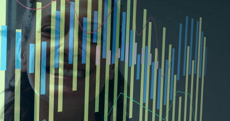 Smiling woman viewing transparent screen at office, with colorful bars, red green lines, copy space. Technology, innovation, analytics, data, presentation, business, futuristicの写真素材