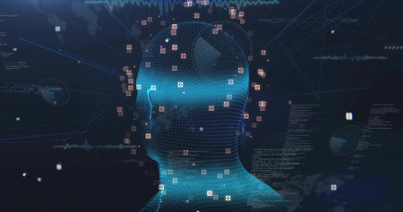 Displaying wireframe head in profile streaming code in network, with nodes, network lines and globe....