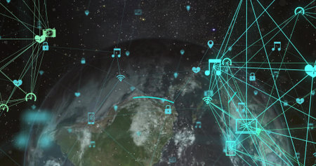 Displaying partial Earth globe in orbital space, linking padlock and Wi-Fi icons with network lines....
