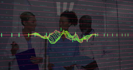 Medical professionals in scrubs reviewing vital waveform in hospital corridor, with stethoscope. Healthcare, teamwork, diagnostics, digitalmedicine, hospital, clinical, innovationの写真素材
