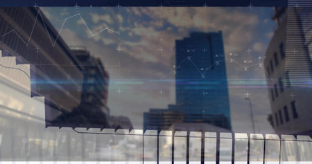 Featuring financial skyline with skyscrapers, charts, grid crosshairs, data markers and lens flare. Urban, corporate, futuristic, analytics, growth, technology, professionalの写真素材