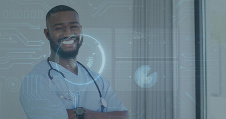 Smiling doctor wearing stethoscope and smartwatch standing in clinic with data overlay, copy space. Healthcare, technology, innovation, medical, diagnostic, digital, professionalの写真素材