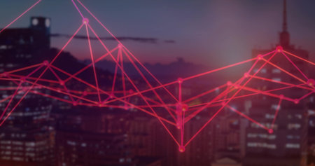 Spanning neon network graph connecting glowing nodes across urban skyline at dusk, with red lines....