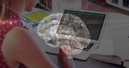 Analyzing teen in red polka-dot top viewing laptop code at desk, with brain overlay, copy space. Technology, education, innovation, digital, learning, focus, curiosityの写真素材