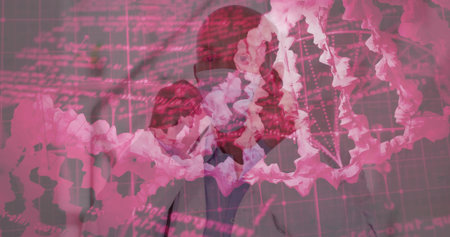 Senior scientist in lab coat studying holographic DNA helix in genetics lab, with floating data. Biotechnology, innovation, digital, research, science, analysis, futuristicの写真素材