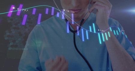 Holding stethoscope, doctor placing earpieces in ears in clinic interface, with neon data overlay....