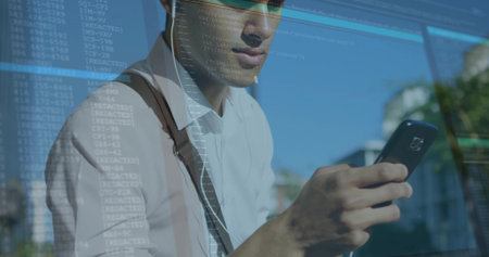 Holding smartphone man in white shirt and suspenders showcasing code reflection on glass in plaza....
