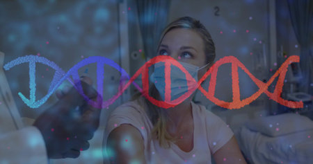 Mature masked female patient receiving shot in hospital bed with syringe and digital helix overlay. Medical, healthcare, vaccination, clinical, safety, innovation, wellnessの写真素材