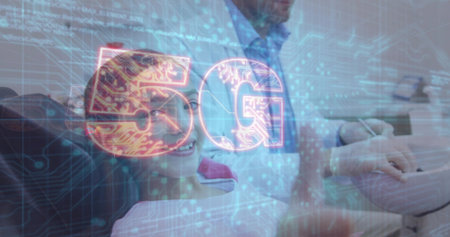 Leaning mature male dentist using stylus on tablet over dental chair, with hologram overlay. Dentistry, healthcare, innovation, technology, pediatrics, clinical, medicalの写真素材