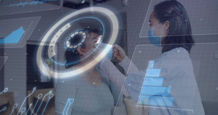 Clinician wearing scrubs and gloves inserting nasal swab in exam room, with holograms. Clinical,...