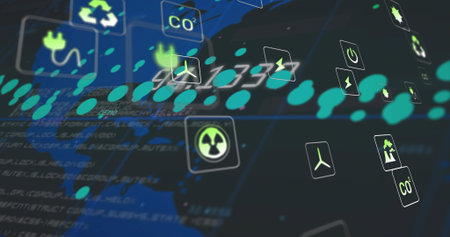 Floating icons on dashboard, with recycling, COâ, plug, wind turbine, lightning bolt and radiation. Technology, innovation, sustainability, digital, data visualization, eco-friendly, futuristicの写真素材