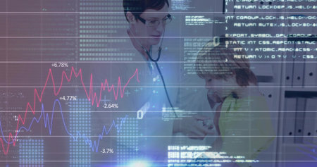 Female doctor wearing white coat glasses examining boy in clinic with stethoscope and data overlays....