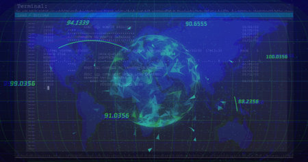 Displaying central wireframe globe on map grid, floating numeric values, SQL query lines....