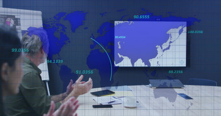 Gesturing male in green shirt presenting data at conference room, with wall-mounted map, copy space....