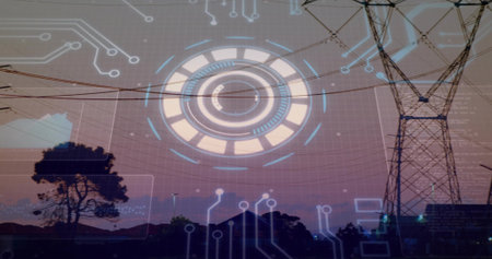 Transmission tower standing in dusk landscape with power lines and blue circuit overlay, copy space....