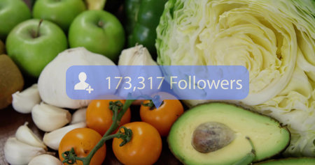 Displaying blue overlay on wooden countertop, with green apples and avocado. Fresh produce, health, wellness, organic, natural, vibrant, nutritionの写真素材