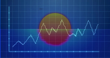 Running neon fluctuating line graph on dashboard with dark blue grid, circular gradient backdrop....