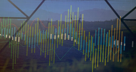 Displaying multicolored bar candlestick line chart over grassy plain grid overlay with tower beams....