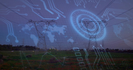 High-voltage towers spanning lines at dusk featuring circuit overlay map grid and target graphics. Energy infrastructure, digital network, power grid, technological, rural landscape, data visualization, innovationの写真素材
