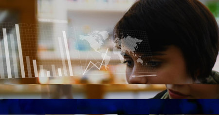 Analyst wearing jacket scarf studying hologram with bar charts line graph in office copy space. Futuristic, technology, innovation, analytics, digital, professional, immersiveの写真素材