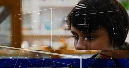 Interacting woman in green sweater using UI panels on library table with bookshelves, copy space. Futuristic, innovation, education, digital, technology, concentration, scholarlyの写真素材