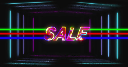 Glowing neon SALE text pulsing on black backdrop, with multicolored lines and vertical bars. Vibrant, futuristic, illumination, geometry, technology, advertising, digitalの写真素材