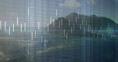 Overlaying candlestick and numeric data on dark mountain range at bay at dusk, with sea reflections. Silhouette, tranquility, analysis, layered, landscape, technology, visualizationの写真素材
