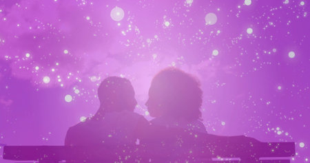 Sitting silhouetted couple sharing romantic moment at cosmic park bench, with glowing orbs....