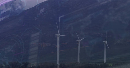 Spinning three white wind turbines powering grid at rural wind farm, with translucent data overlay....