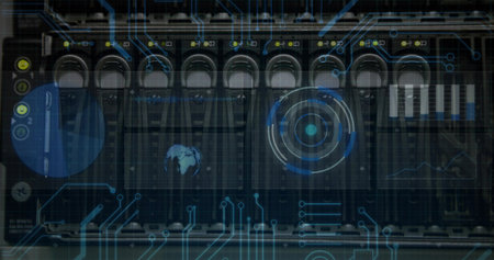 Server rack processing data in data center, with drive bays, circuit boards and digital overlay....