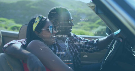 Couple driving and leaning in convertible on rural road, with sunglasses, headband and HUD graphics. Adventure, outdoor, leisure, travel, lifestyle, vibrant, scenicの写真素材