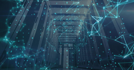 Projecting digital network globe hologram floating down server room aisle, with glass-fronted racks....