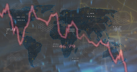 Displaying red line graph across world map with hex clusters on data dashboard, showing 46.79. Technology, analytics, visualization, dashboard, finance, digital, futurismの写真素材