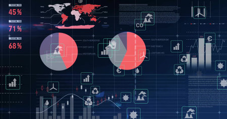 Displaying red-gray pie chart on screen with world map metrics bar-chart line-chart and icons. Data visualization, dashboard, analytics, intelligence, metrics, technology, statisticalの写真素材