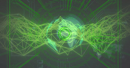 Earth sphere rotating in virtual data interface, with wireframe mesh waves and circuit patterns. Futuristic, digital, technology, globe, data, network, innovationの写真素材