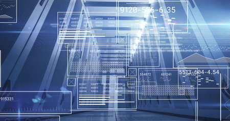 Displaying futuristic hall featuring beams and grid floor at data center, with HUD overlays....
