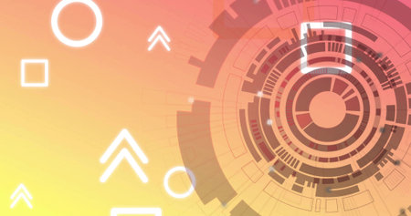 Concentric segmented interface rotating in warm gradient background, with white shapes, copy space. Futuristic, technology, abstract, minimalistic, digital, innovation, graphicの写真素材