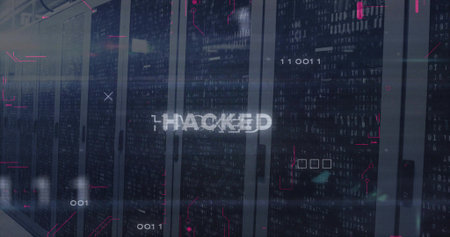 Showing glitchy text streaming through data center room with server racks and code overlays. Cybersecurity, digital, technology, data, network, modern, high-techの写真素材