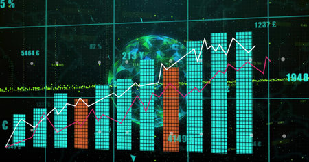 Displaying dashboard at holographic UI, with turquoise orange bars, white magenta lines, globe grid....